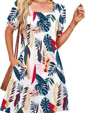 RUMIA Women's Summer Dress Casual Cute Square Neck Puff Short Sleeve Dress-Med